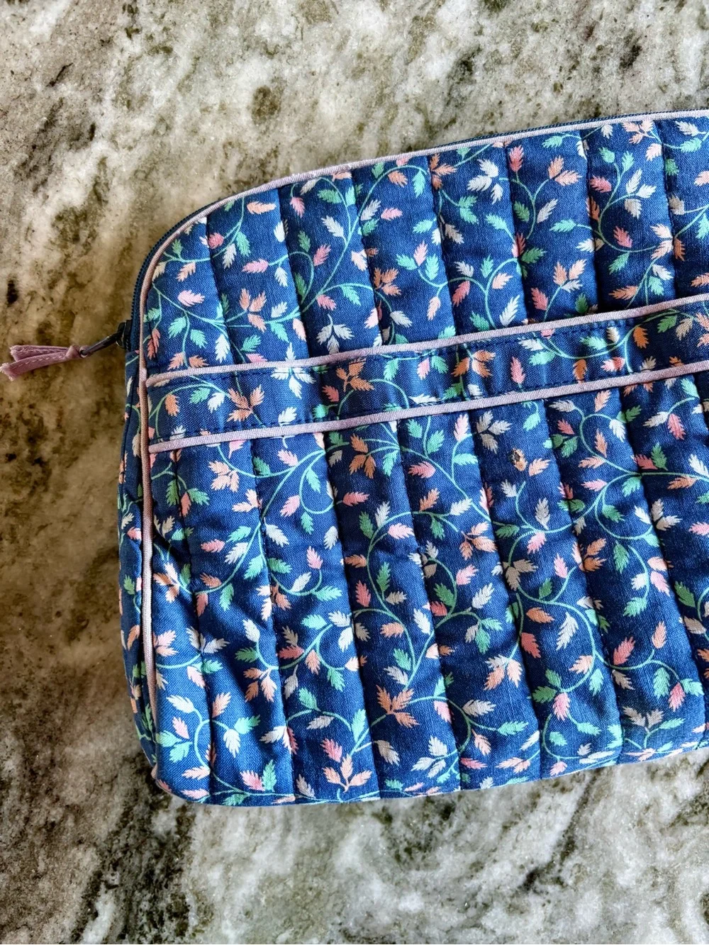 totes—Vintage Blue/Pink Floral Leaf Cosmetic Bag Case, Waterproof Vinyl Interior